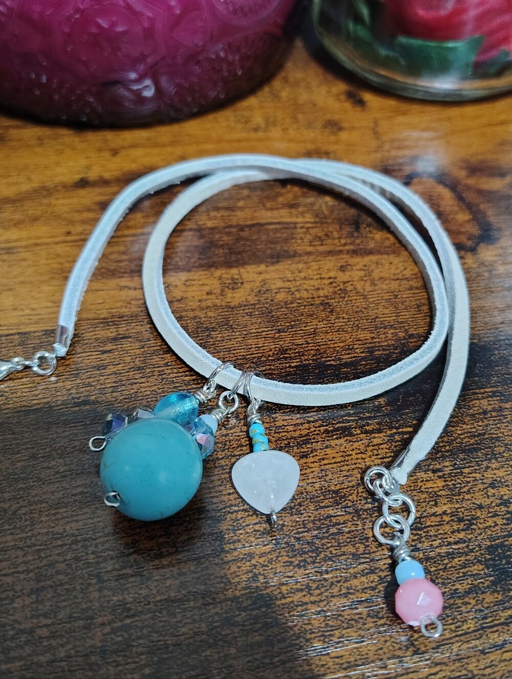 White Leather Necklace with Turquoise Bead and Pink Accent,  Handmade Necklace